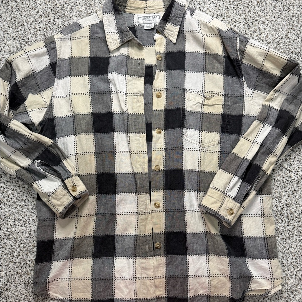 Dress Barn Men's Checkered Shirt - Black, Gray, and Cream